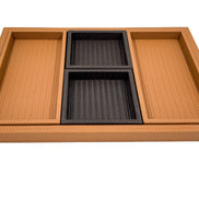 The four inner trays rearranged, a pair of darker leather trays down the centre between two longer pale ones