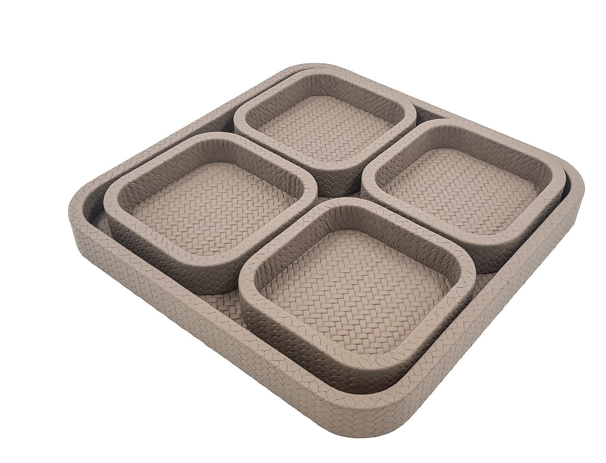 Taupe grey-brown modular set, the four compartments lifted just clear of the base tray's 3.5 cm rim