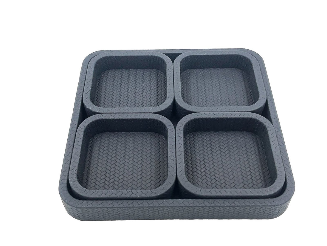 Four slate-grey inset trays filling the 37 × 37 cm base tray, each wall standing level with the next
