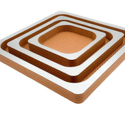 All three trays nested and seen from above the corner, mirror tops framing woven leather from 41 cm down to 21 cm