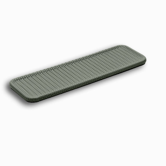 Grey-green khaki tray 47.5 × 14.5 cm, the woven emboss running the full length from above