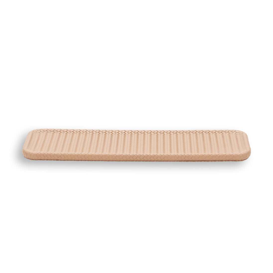Cream tray square on, the weave standing up in fine vertical ribs across the 14.5 cm width