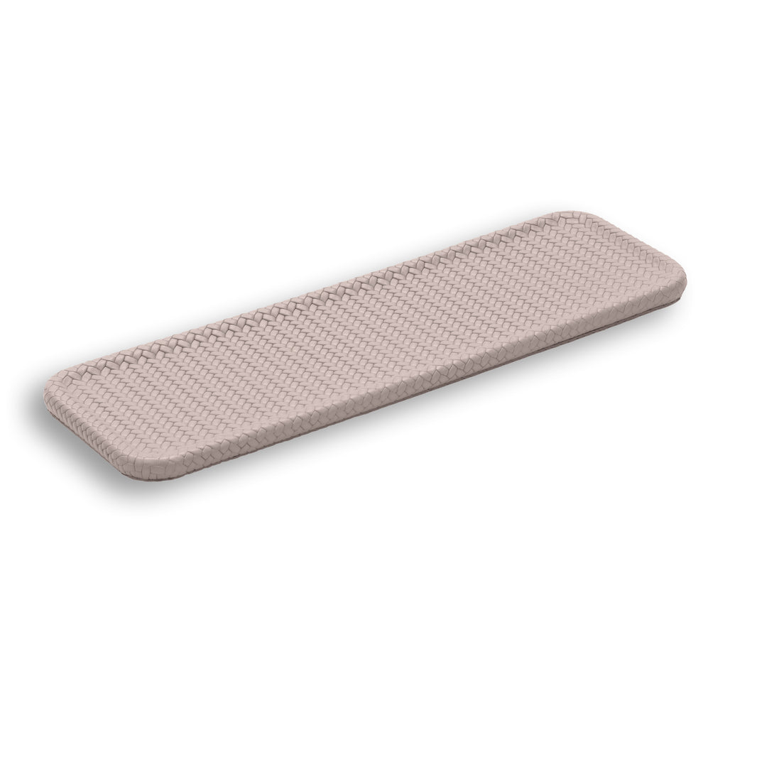 Pale mauve-taupe leather tray, the raised lip catching light down one long side