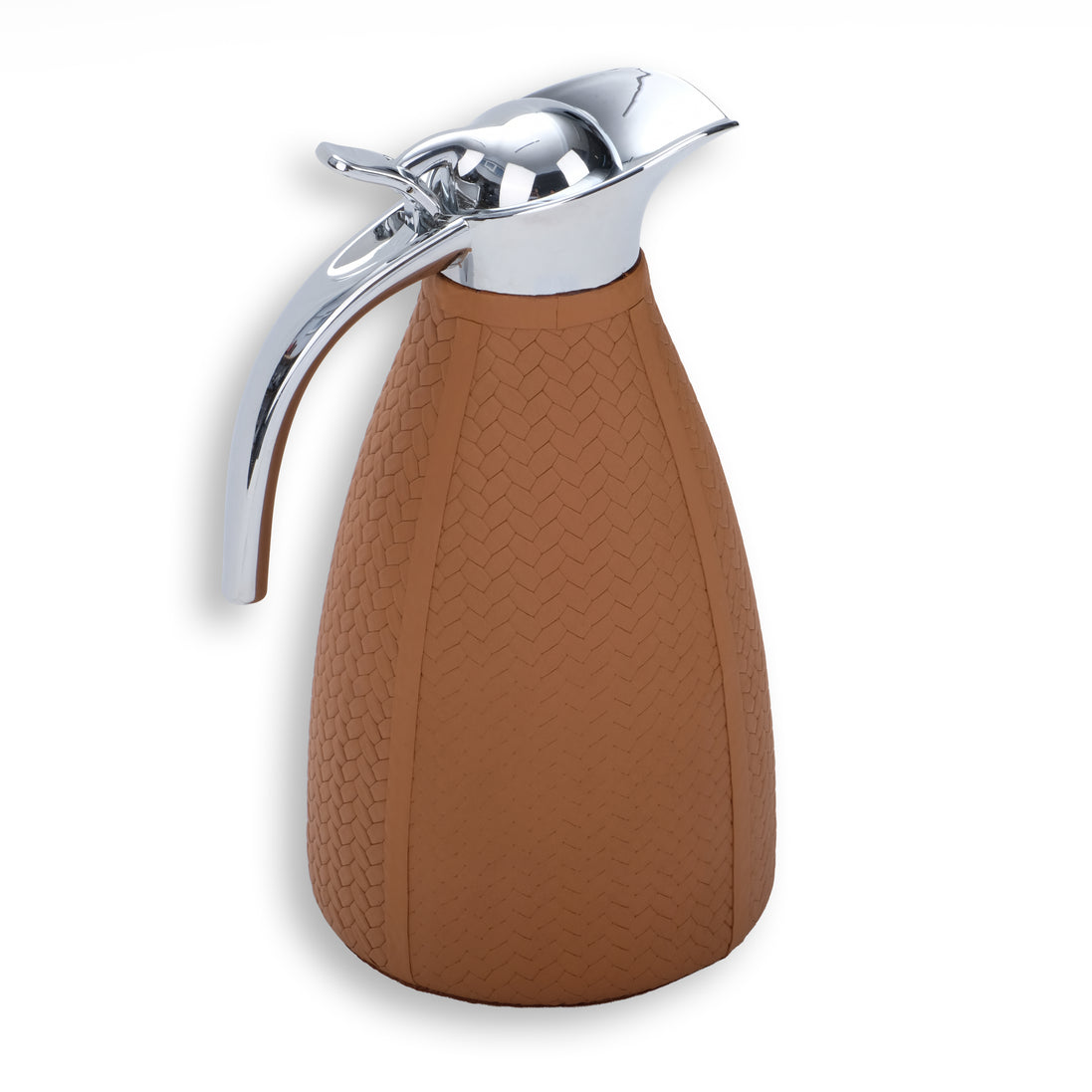 Warm tan thermos, the steel lid seated on a leather shoulder above the 12.5 cm base