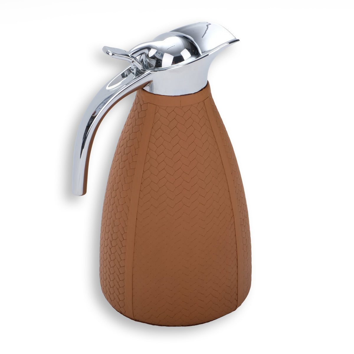 Warm tan thermos, the steel lid seated on a leather shoulder above the 12.5 cm base