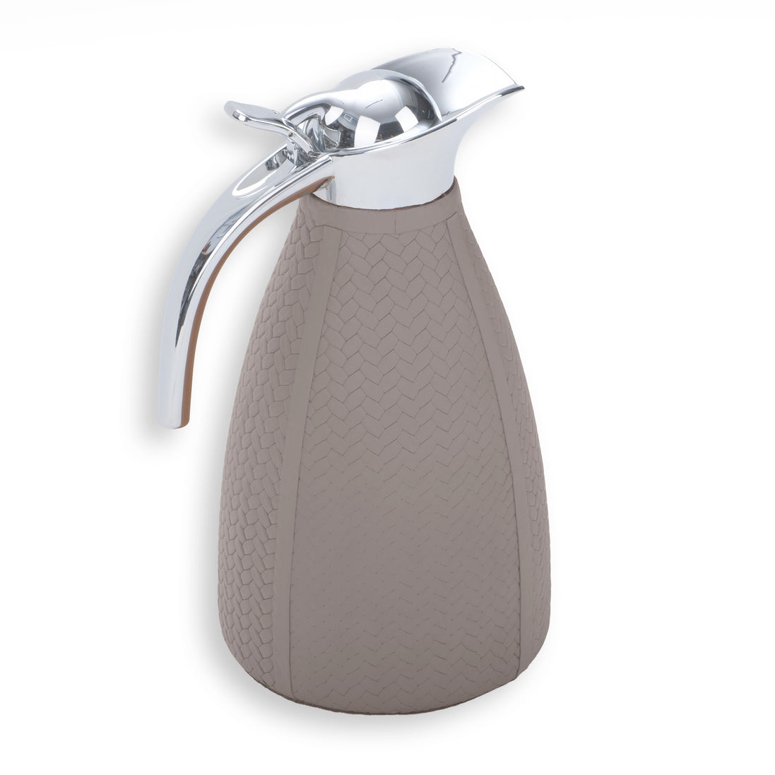 Taupe grey-brown thermos, chrome spout hinged open at the top of the 24 cm flask