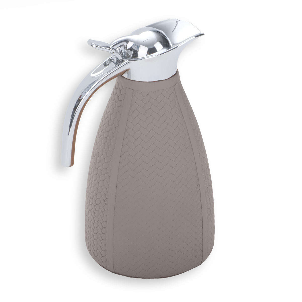 Taupe grey-brown thermos, chrome spout hinged open at the top of the 24 cm flask