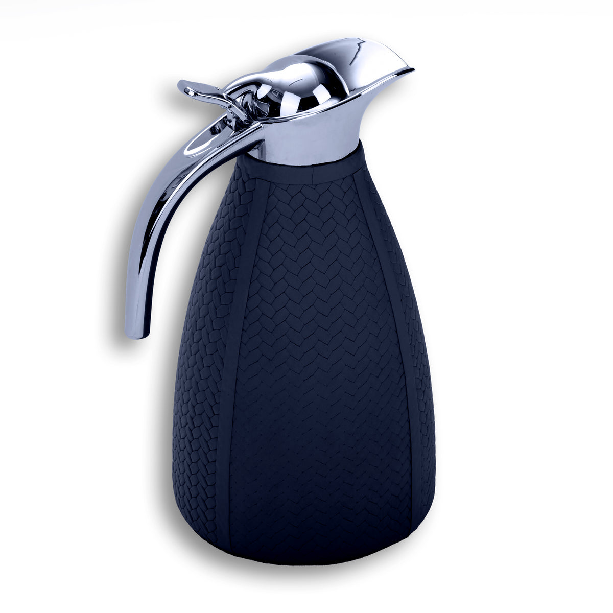 Navy thermos, the chrome handle curving out clear of the 12.5 cm wide base