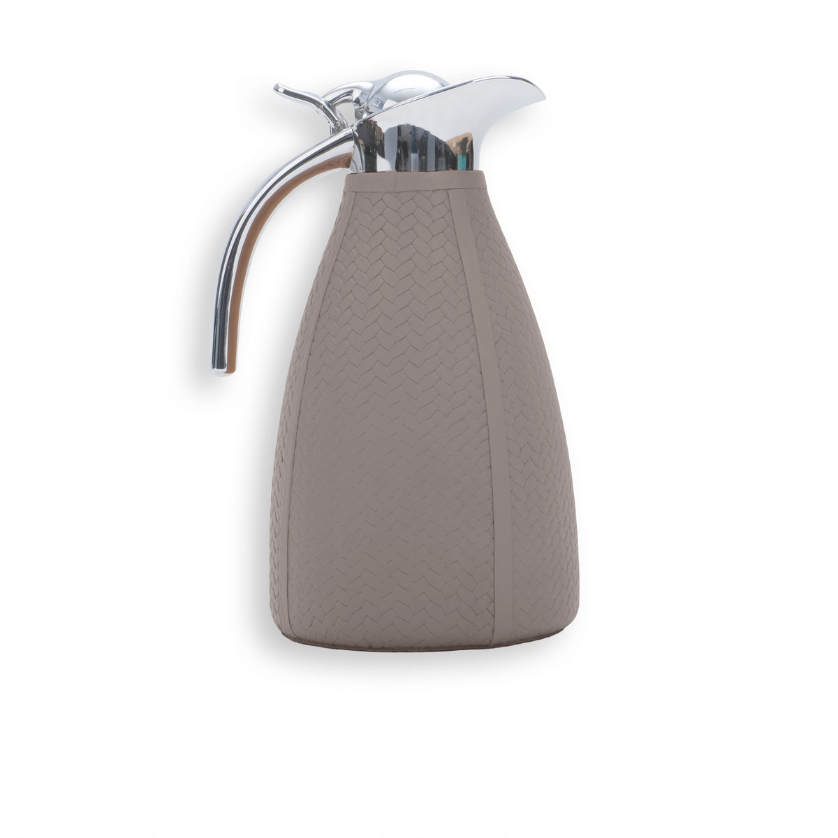 Taupe woven leather over the 1.5 litre carafe, chrome lever lid and handle above the 24 cm body