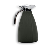 Dark olive khaki 1.5 litre thermos, chrome pour lid and handle above the tapered leather body
