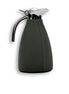 Dark olive khaki 1.5 litre thermos, chrome pour lid and handle above the tapered leather body