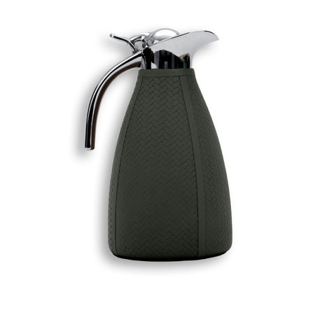 Dark olive khaki 1.5 litre thermos, chrome pour lid and handle above the tapered leather body