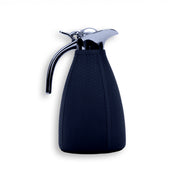 Navy blue woven leather carafe, 1.5 litre, seams running the length of the body to the chrome collar