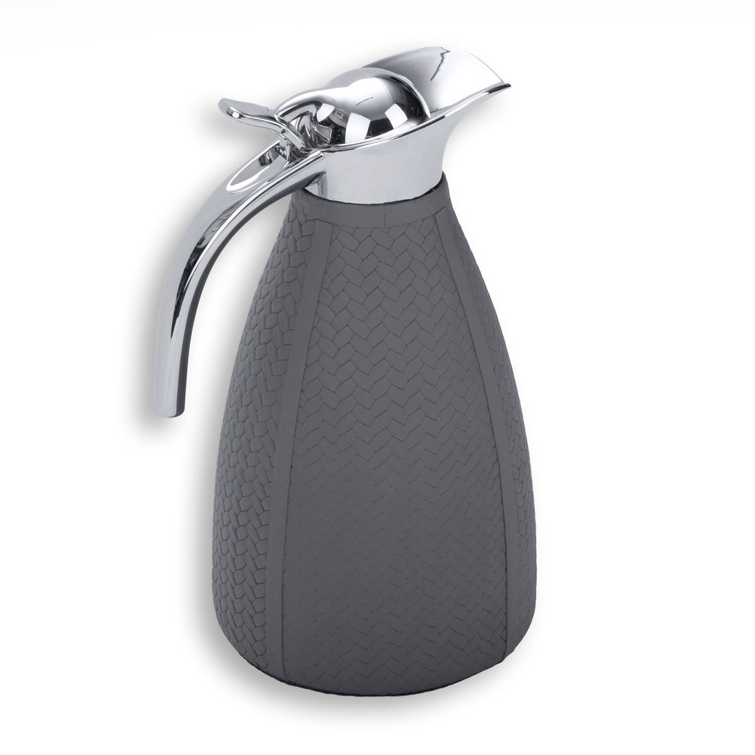 Grey thermos, the leather panel seams running the length of the tapered body