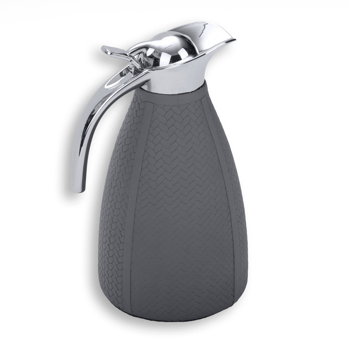Grey thermos, the leather panel seams running the length of the tapered body