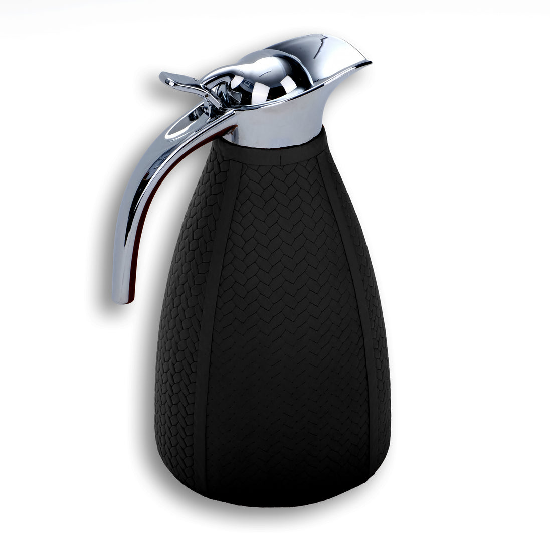 Black woven leather carafe, chrome pour lid tipped open at the top of the 24 cm tall body