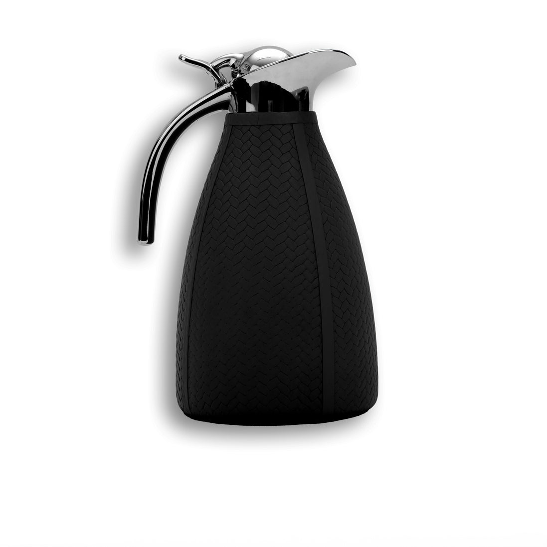 Black thermos 24 cm tall, the chevron emboss narrowing toward the polished steel collar