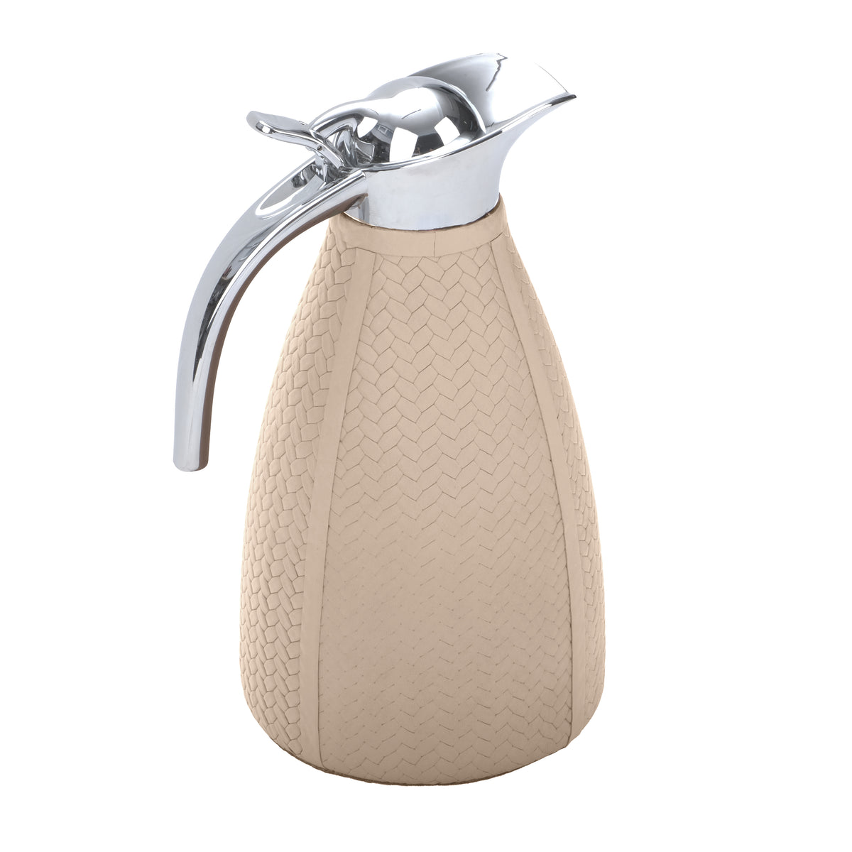 Pale sand thermos, the woven emboss reading in fine chevron rows down the 1.5 litre body