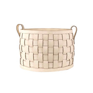 Cream hand-woven basket seen whole, 24 cm high with the woven straps interlaced in a wide basket check