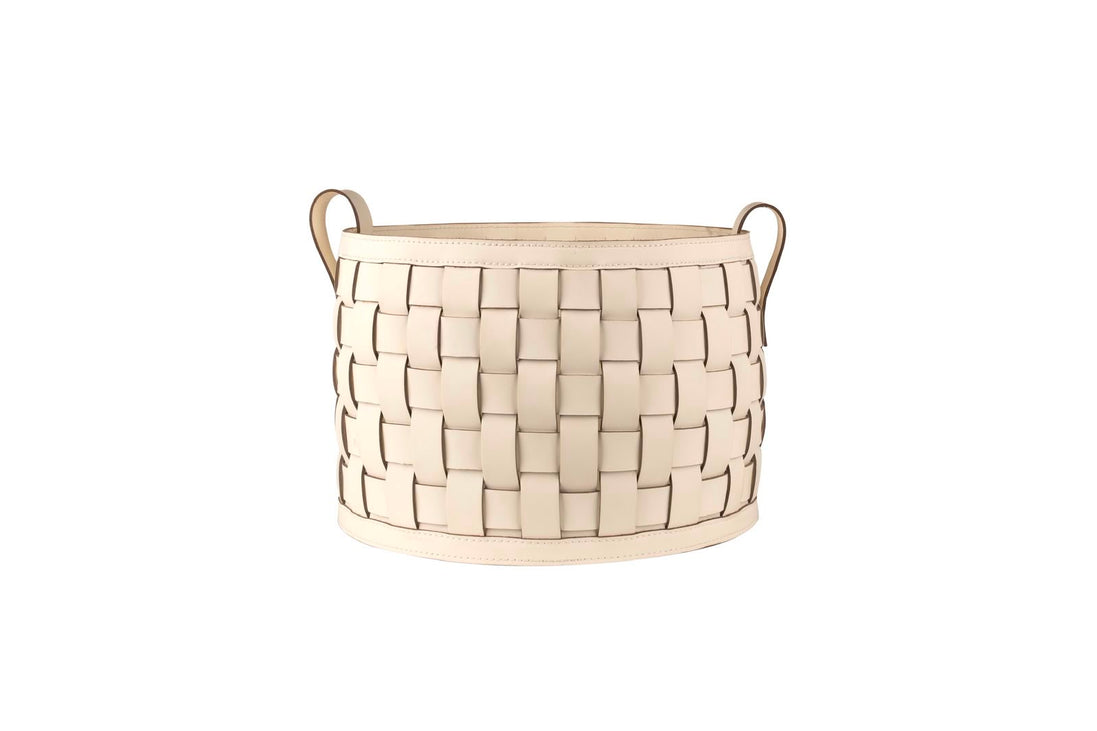 Cream hand-woven basket seen whole, 24 cm high with the woven straps interlaced in a wide basket check