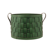 Dark green hand-woven leather towel basket, wide plaited straps and two rolled handles on a 36 cm body