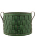 Dark green hand-woven leather towel basket, wide plaited straps and two rolled handles on a 36 cm body