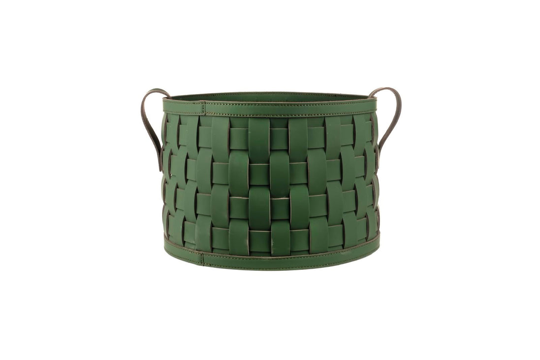 Dark green hand-woven leather towel basket, wide plaited straps and two rolled handles on a 36 cm body