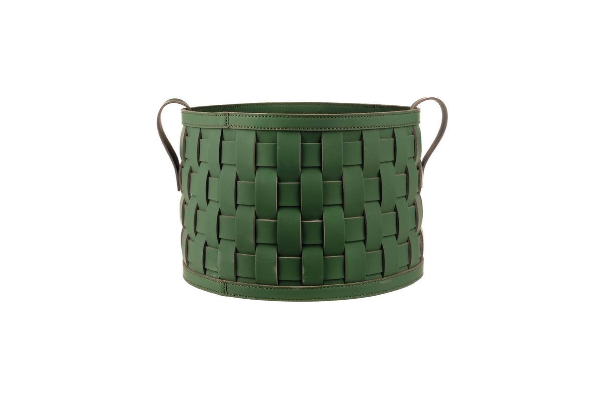 Dark green hand-woven leather towel basket, wide plaited straps and two rolled handles on a 36 cm body