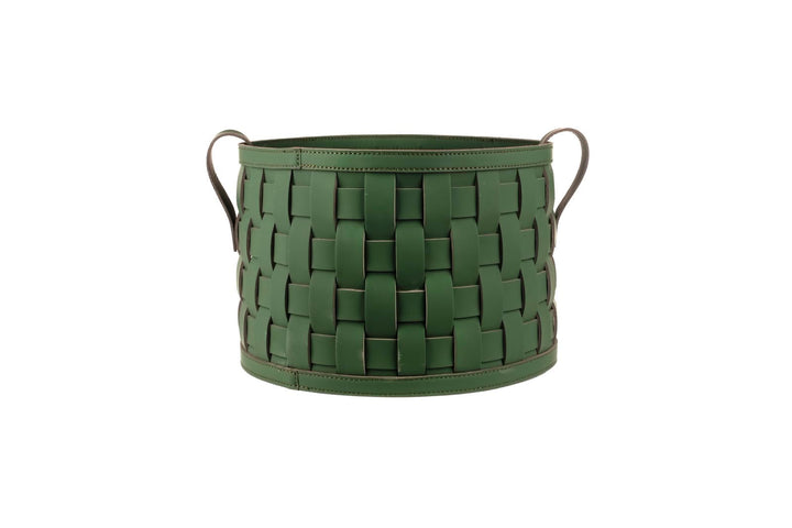 Dark green hand-woven leather towel basket, wide plaited straps and two rolled handles on a 36 cm body