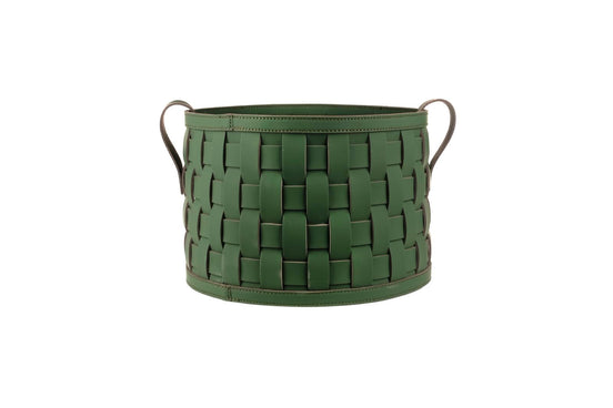 Dark green hand-woven leather towel basket, wide plaited straps and two rolled handles on a 36 cm body