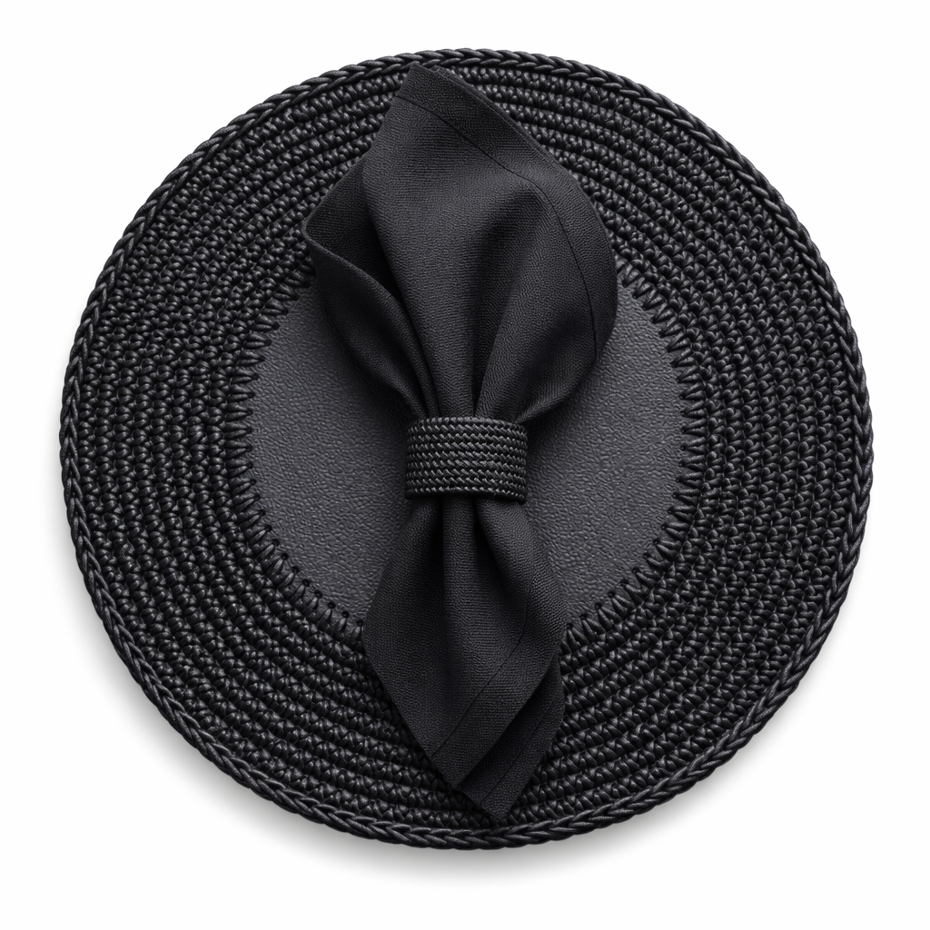 Black 36 cm placemat seen from above, a black napkin held in a braided cord ring on the leather centre