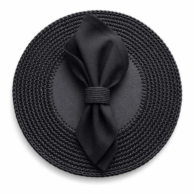 Black 36 cm placemat seen from above, a black napkin held in a braided cord ring on the leather centre