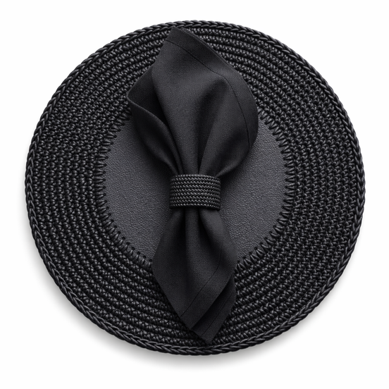 Black 36 cm placemat seen from above, a black napkin held in a braided cord ring on the leather centre