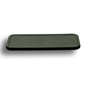Dark olive khaki placemat 50 × 35 cm, a raised lip running the full edge of the 1 cm panel