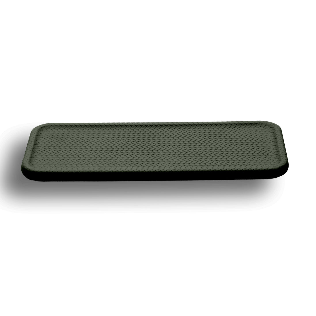 Dark olive khaki placemat 50 × 35 cm, a raised lip running the full edge of the 1 cm panel