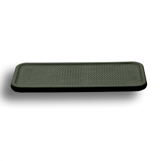 Dark olive khaki placemat 50 × 35 cm, a raised lip running the full edge of the 1 cm panel