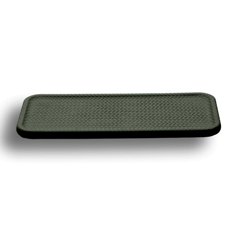 Dark olive khaki placemat 50 × 35 cm, a raised lip running the full edge of the 1 cm panel