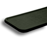 Khaki placemat at an angle, showing the plaited border that runs the edge and the full 1 cm thickness