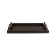 Dark brown tray tilted to show its floor, both handle bars sheathed in matching leather