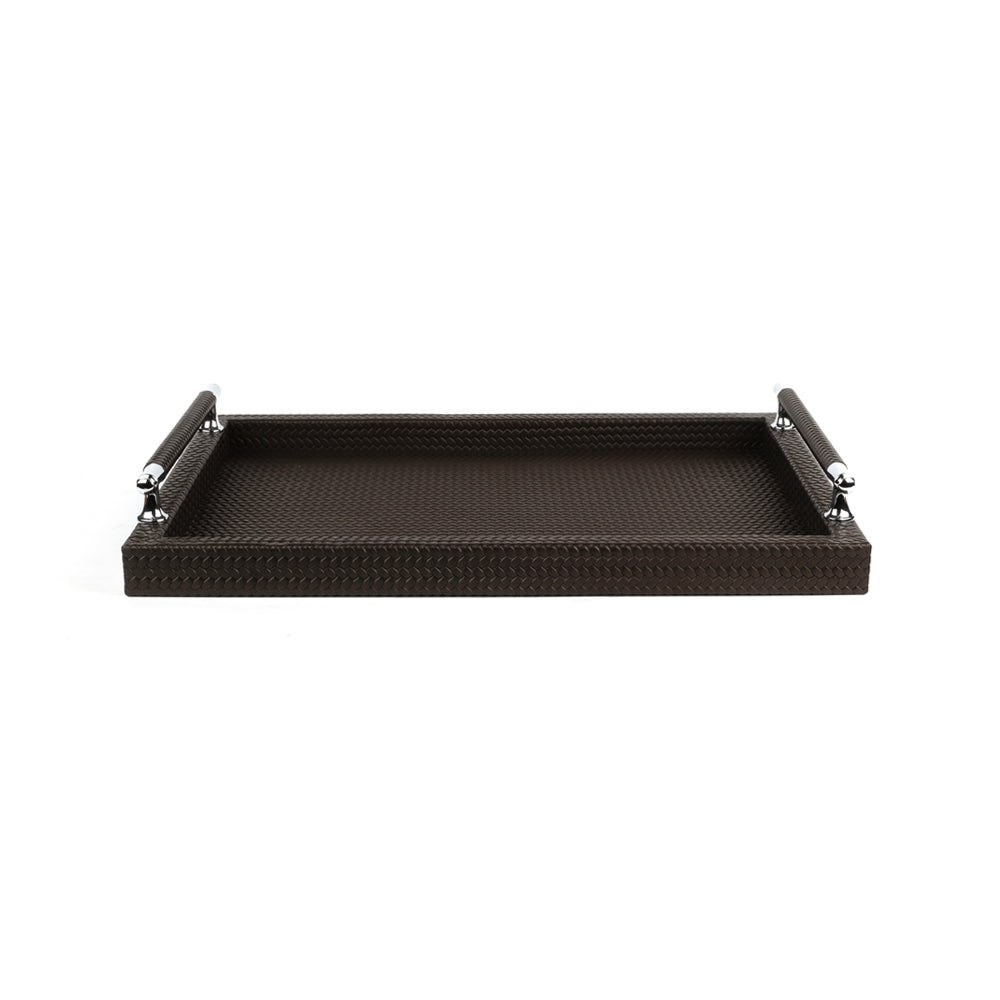 Dark brown tray tilted to show its floor, both handle bars sheathed in matching leather