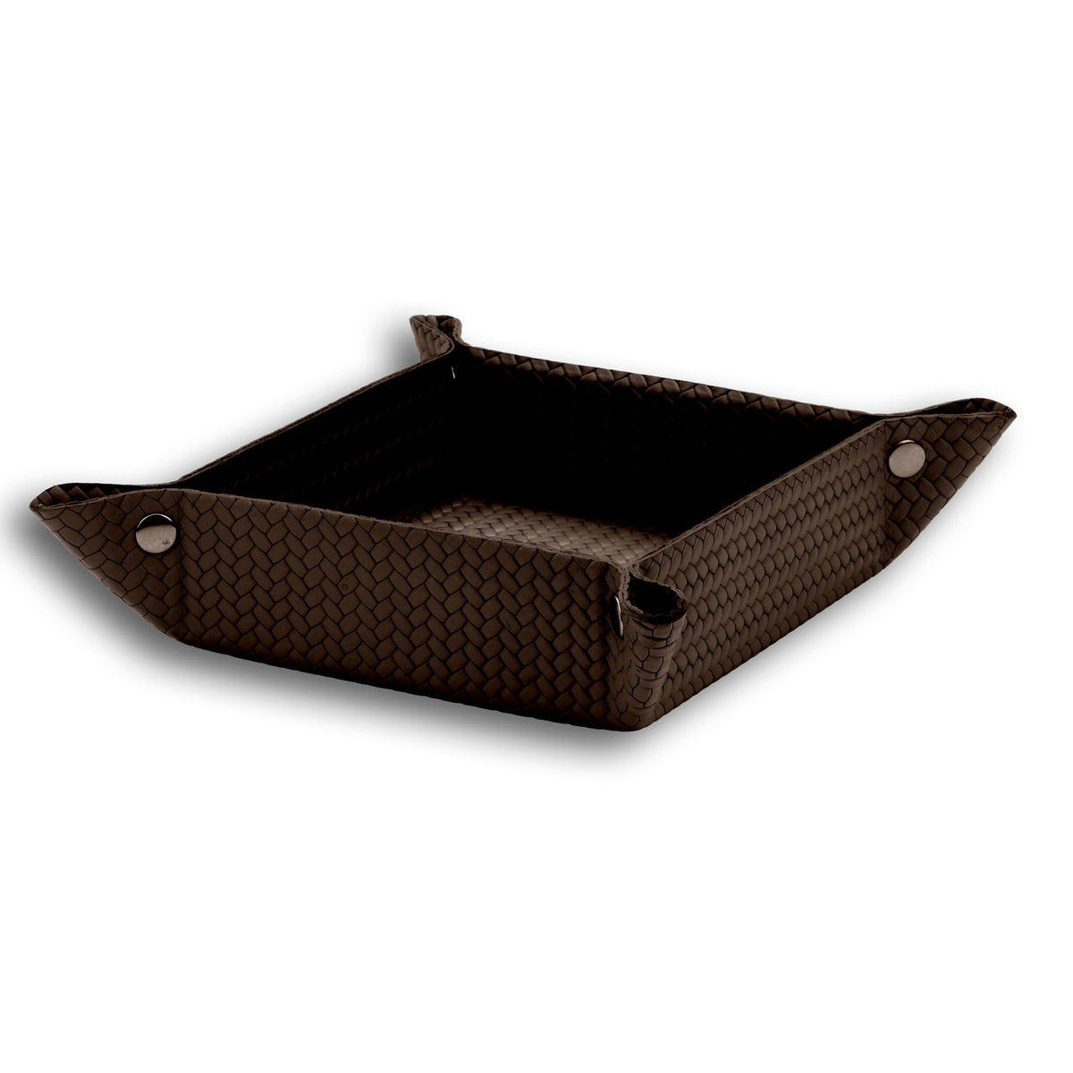 Brown 18.5 × 18.5 cm valet tray open, press studs drawing up the woven-embossed leather corners