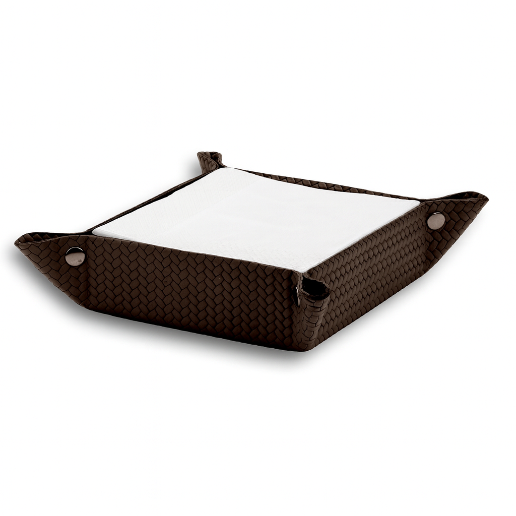 The brown 18.5 cm valet tray holding a folded white cloth within its 6 cm sides
