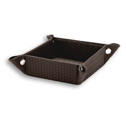 Brown 15 × 15 cm valet tray open, a press stud at each corner of the woven-embossed leather