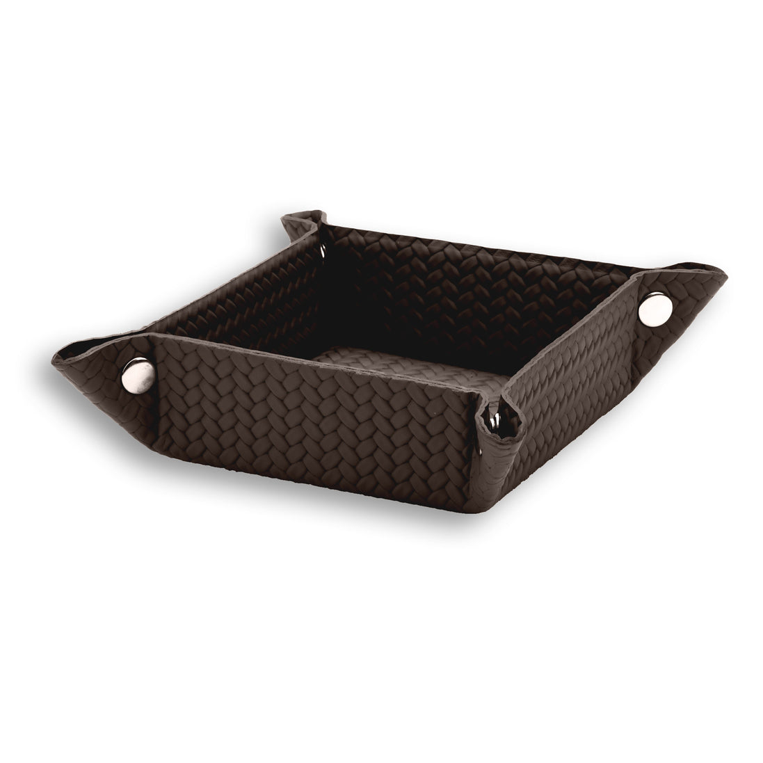 Brown 15 × 15 cm valet tray open, a press stud at each corner of the woven-embossed leather
