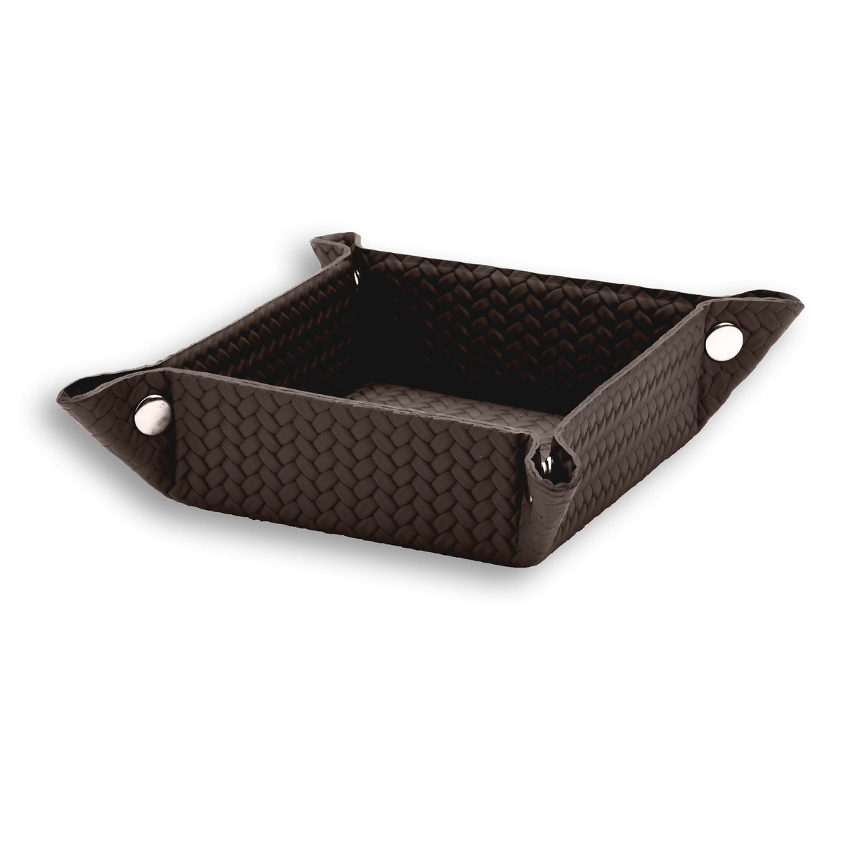 Brown 15 × 15 cm valet tray open, a press stud at each corner of the woven-embossed leather