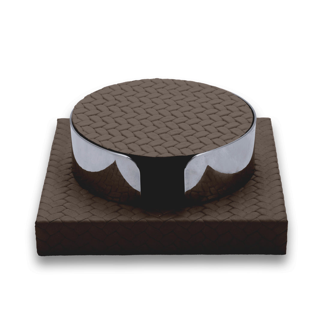 Dark brown set, the steel band scalloped away to show the coaster edges beneath the top disc