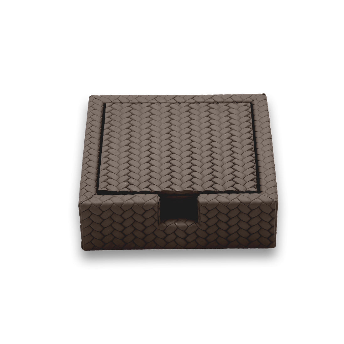 Dark taupe-brown holder, the top coaster's plaited emboss sitting level with the 13 cm rim