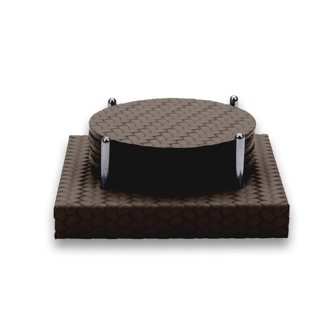 Dark brown coaster stack, the top disc's plaited emboss facing up between the chromed corner rods