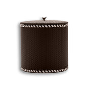 Dark brown ice bucket, contrast whipstitch lacing around the lid rim and the base of the 17 cm body