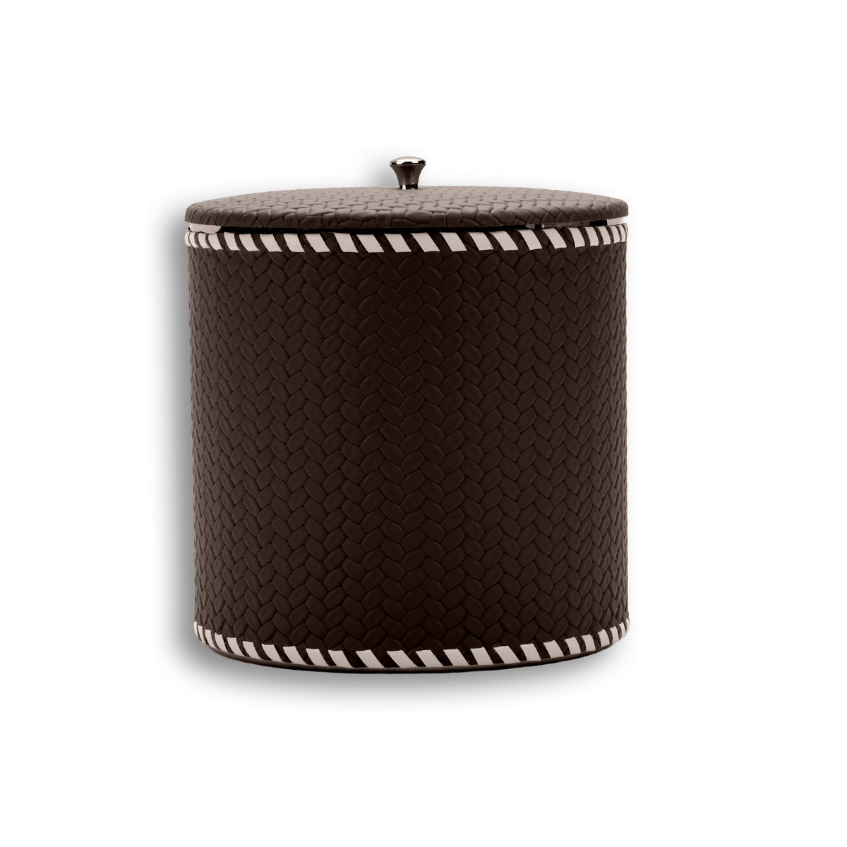 Dark brown ice bucket, contrast whipstitch lacing around the lid rim and the base of the 17 cm body